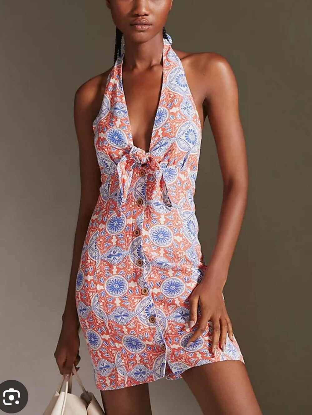 Maeve Linen Blend Tie Front Printed Boho Halter Mini Dress XS